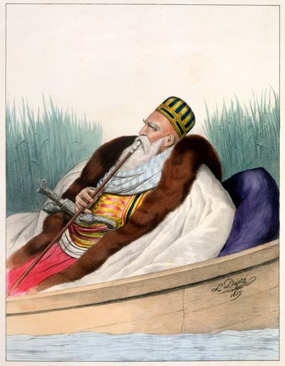 Ali Pacha de Janina in a Boat on Lake Butrinte in 1819 - Plate VII, engraved by Lemercier from 